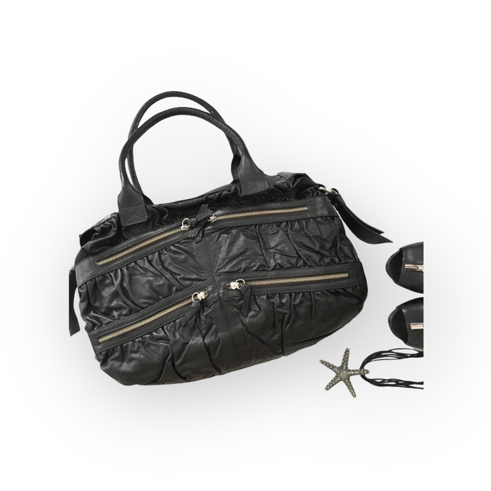 new Maria Bonita Extra ༄ Zip Pockets Leather Travel Bag ༄ Black Metallic Sheen - Picture 3 of 16